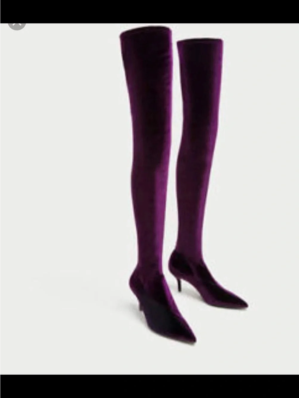 Zara Velvet Over The Knee Boots Size 7 US Purple Plum Pointed Toe Kitten Heel